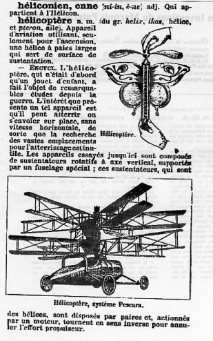 Définition du mot Hélicoptère, telle que l'on pouvait la trouver dans le Larousse entre 1922 et 1944
