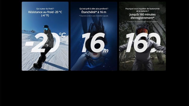 Teaser DJI Osmo Action Series : -20°, 16m, 160 mins