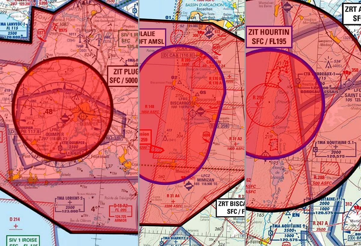 Façade ouest : des interdictions de vol en avril (et potentiellement mai) 2023 autour de Quimper, Hourtin et Biscarosse