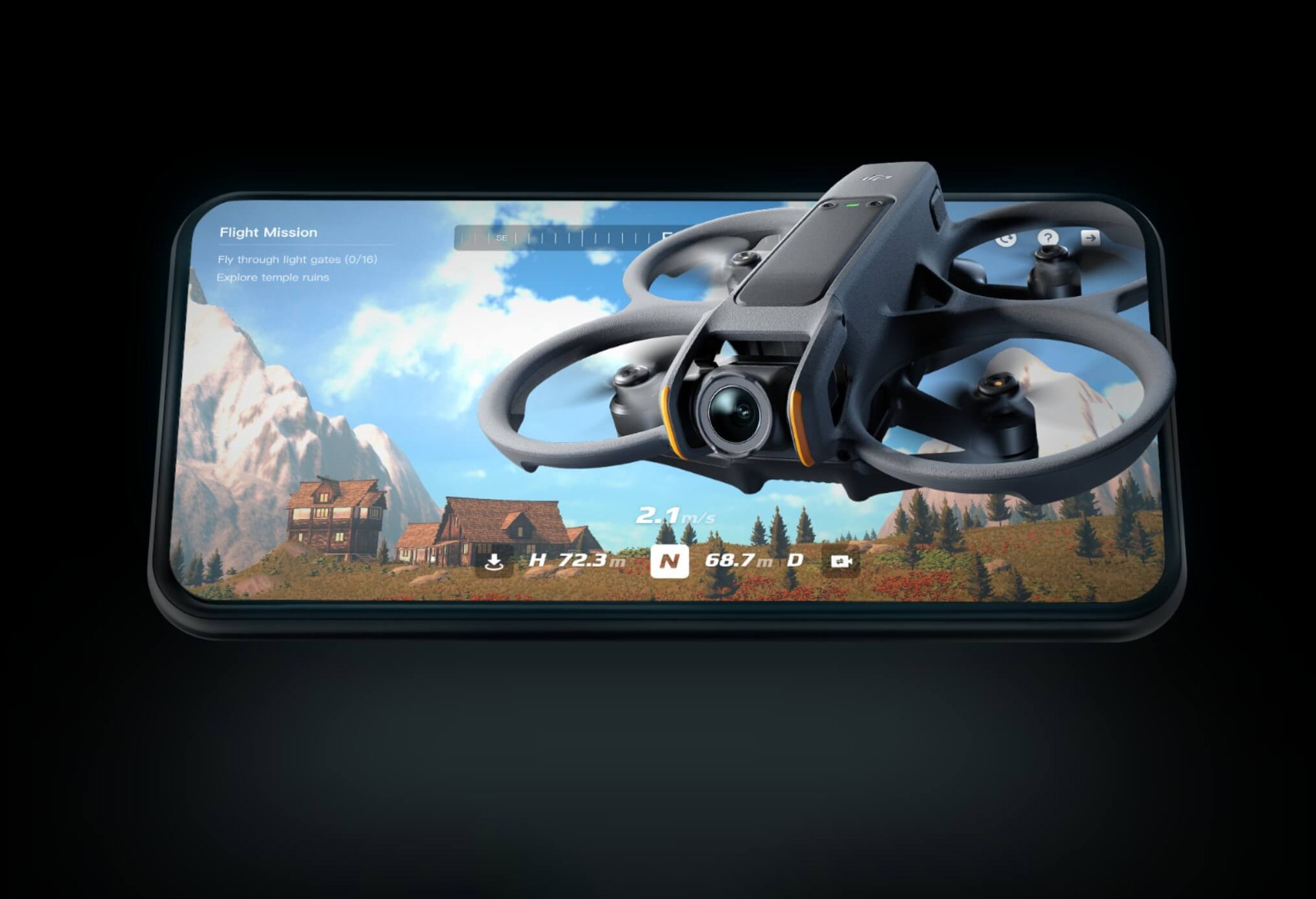 DJI Virtual Flight, inclus dans l’application DJI Store pour iOS et Android, pour essayer (virtuellement) l’Avata 2
